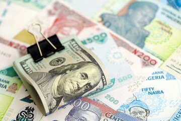 Nigerian naira currency money bills and bunch of us dollar banknotes. The concept of economics and...
