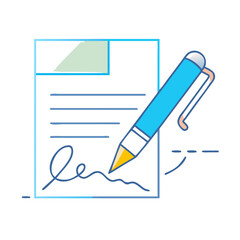 Signing a document with a blue pen on a white background