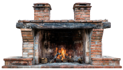 Exterior brick fireplace with a fire