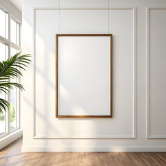 Blank poster frame hanging on white wall with plant