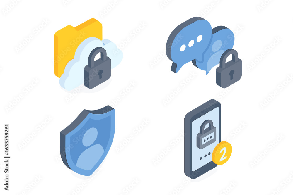 Poster secure collaboration tools icons set. isometric cloud folder lock, encrypted chat lock, user shield 