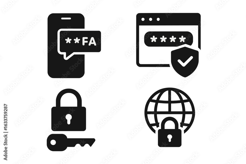 Aufkleber cybersecurity icon set. secure login, two-factor authentication, password protection, data encryptio