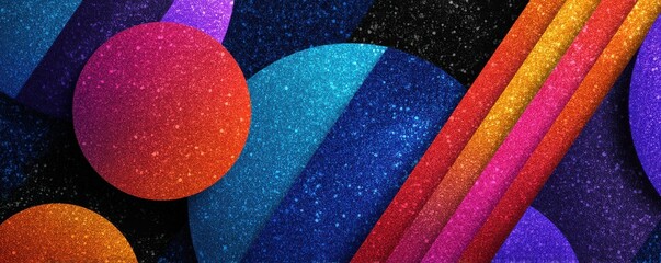 Vivid abstract composition featuring colorful glitter patterns and geometric shapes