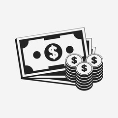 Isolated illustration of dollar bills and coins in black and white for financial business icons