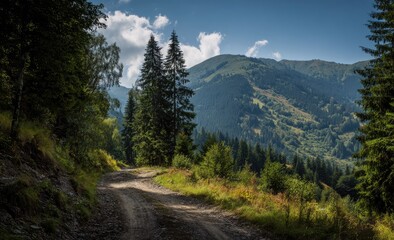 Mountain path winding through lush forest