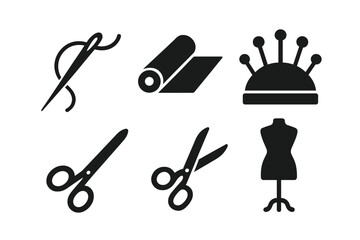 Sewing tools vector icons set. Silhouette symbols of needle and thread, fabric bolt roll, pin cushion, dressmaker mannequin, tailors scissors. Tailoring, garment making, fashion design clipart