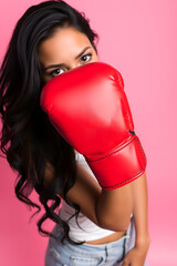 Women with boxing gloves, isolated pink background. Generative ai