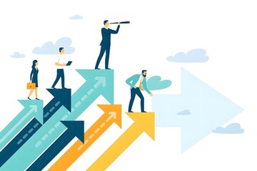 Business Professionals on Upward Arrows Symbolizing Growth and Forward Momentum

