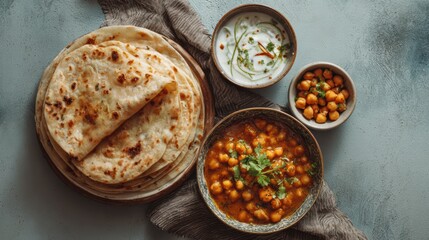 Delicious bowl of chickpea curry served with bread and yogurt, perfect for a wholesome meal or culinary delight.