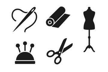 Sewing tools icons set. Solid silhouette needle and thread, fabric roll, dressmaker mannequin, pin cushion, scissors. Tailor supplies, haberdashery, fashion design, garment making vector illustration