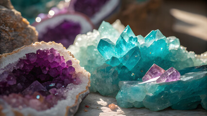 Close up of purple and blue crystal geodes mineral