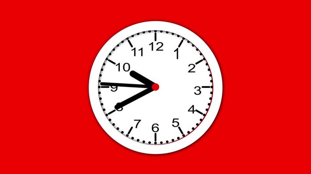 Digital analog wall clock icon with moving arrow animated on a Red background.