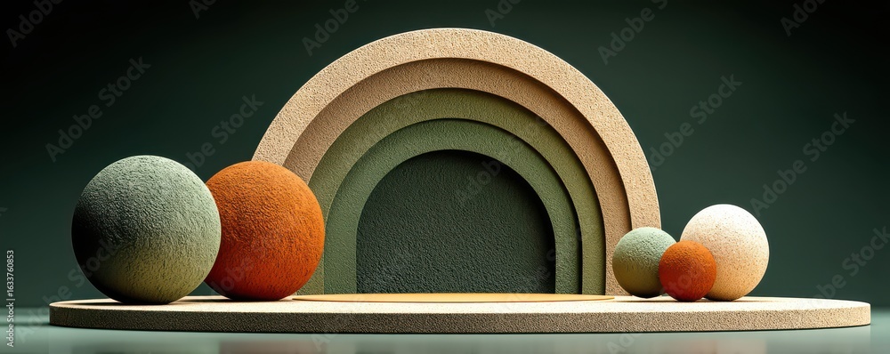 Poster modern minimalist design with textured spheres and arch shapes on dark background