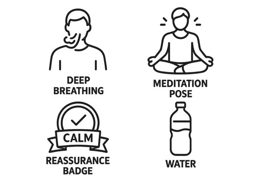 Speaking Anxiety Management Icons Set. Outline Emotions Relief Symbols: Deep Breathing, Meditation Pose, Calm Reassurance Badge, Water Bottle for Stress Reduction. Mental Health Concept Vector