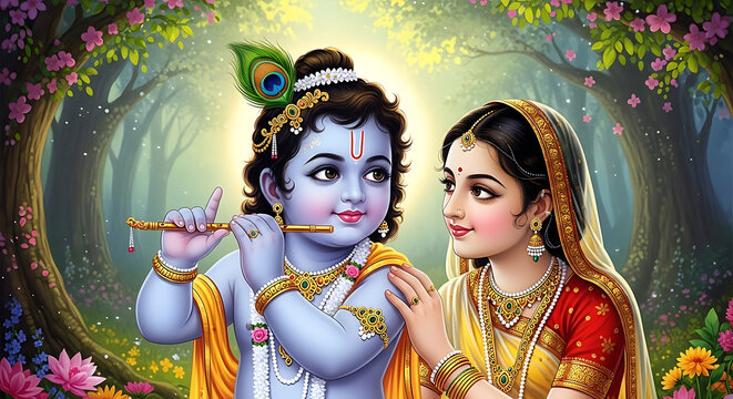 Krishna and a woman Radha sitting on a rock in a lush forest. Krishna is wearing a red and yellow outfit with a peacock feather on his head, and Radha is wearing a pink saree with a matching 
