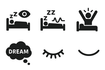 Sleep cycle stages vector icons. Solid filled pictograms set showing REM sleep, deep sleep, light sleep, dreaming, waking up, sleep cloud, closed eyes, relaxation, rest phases. Modern illustration