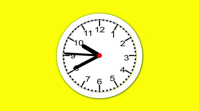Digital analog wall clock icon with moving arrow animated on a yellow background.