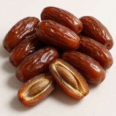 Pile of delicious, fresh dates, some halved, showcasing natural sweetness.
