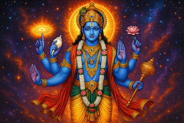 Cosmic Lord Vishnu with his Attributes against a Starry Night Sky.
