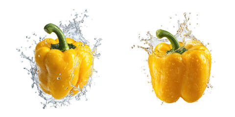 Set of yellow Bell pepper in the air with water splash isolated on a transparent background