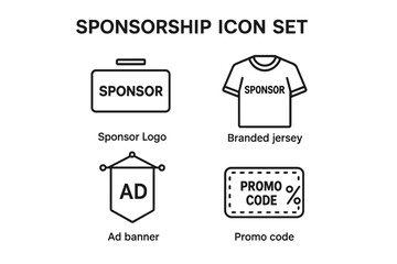 Obraz premium Sponsorship icons set. Outline branding and marketing vector illustration. Sponsor logo, branded jersey, advertising banner, promo code symbols. Corporate sponsorship concepts clipart.