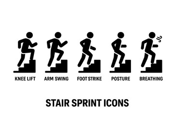 Stair Sprint Exercise Technique Icons Set. Solid filled vector sport movement symbols for knee lift, arm swing, foot strike, posture, breathing. Fitness workout step running illustration