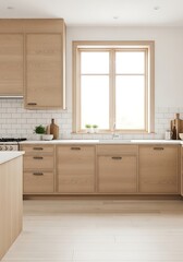 Modern kitchen interior with light wood cabinetry and bright window showcasing minimalist design