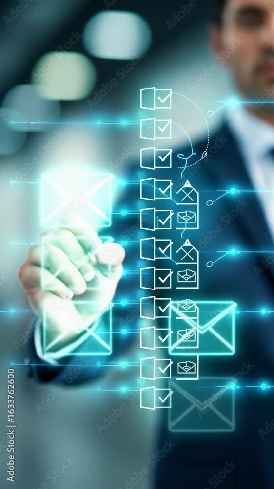 Poster quality assurance and document control with checklist icons. businessman mark off items on digital c