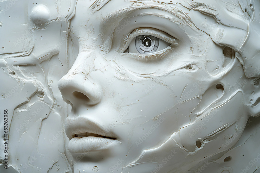 Poster generative ai bas-relief of a mythological face surrounded by nature elements in ancient artistic st