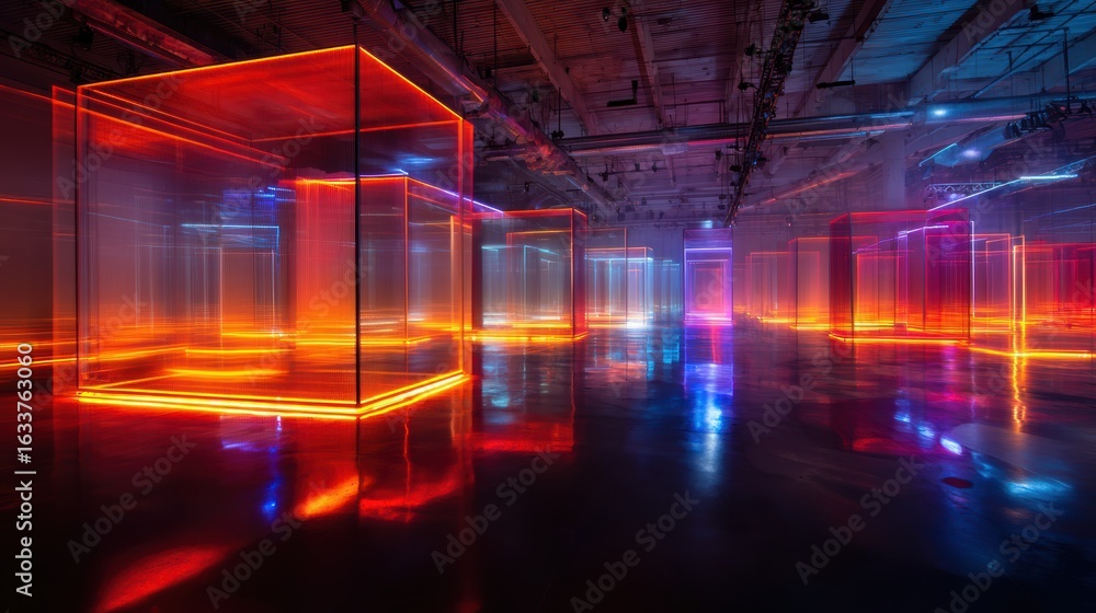 Poster futuristic illuminated space with vibrant neon cubes and reflections, creating a mesmerizing visual 
