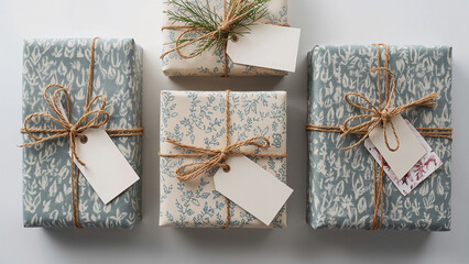 Beautifully Wrapped Gifts with Twine and Tags in Blue and Cream
