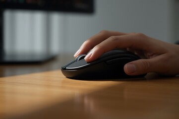 A person's hand using a black computer mouse on a wooden desk with a monitor in the background blur