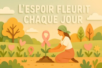 Fototapeta premium A papercut style illustration of a woman planting a pink awareness ribbon flower in a soft pastel park with French text for health campaign materials