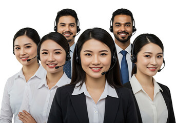 笑顔輝く多様なサポートチーム、クリーンな背景で鮮やかに描写