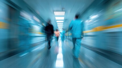 Motion blur of healthcare professionals walking in a hospital corridor, emphasizing urgency and medical environment.