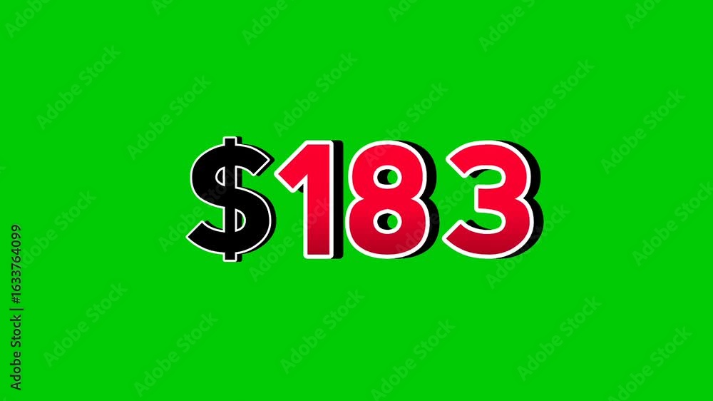 Poster animation number $183 dollar sign motion graphics with smoke effect green screen background vibrant 