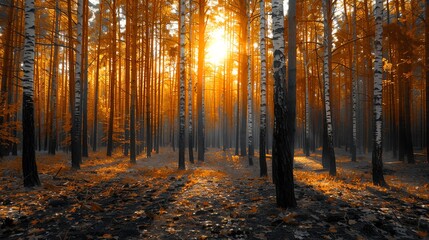 Fototapeta premium Sunset Forest Scene with Tall Trees and Golden Light in Autumn