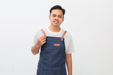 Asian Man wearing Apron in casual stylish clothing, standing upright pose while wearing apron, isolated white background