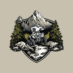 Adventure badge logo of a white ATV rider crossing rocky terrain, backed by pine forest and bold mountain peaks. Masculine flat vector with brown highlights, fit for outdoor sports branding. © SeptinaTri