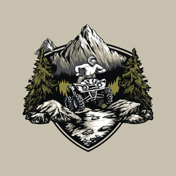 Adventure badge logo of a white ATV rider crossing rocky terrain, backed by pine forest and bold mountain peaks. Masculine flat vector with brown highlights, fit for outdoor sports branding.
