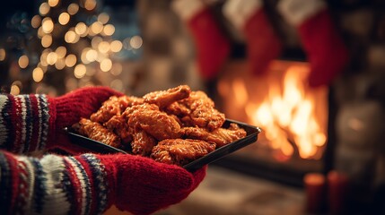 Gloved hands serving hot chicken wings in warm Christmas setting with cozy firelight