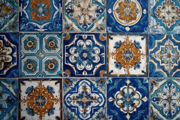 Ornate Blue and Gold Decorative Tiles, Intricate Patterns