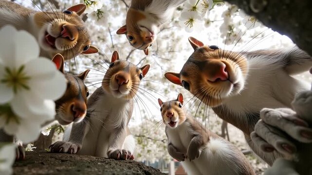 A group of squirrels standing on top of a tree branch