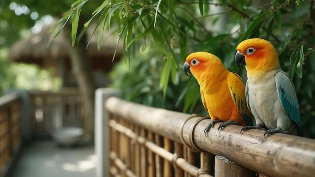 Two parrots sitting on a wooden fence