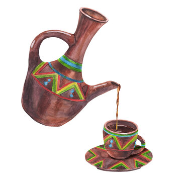 Traditional Ethiopian coffee brown pot and cup with geometric ornament made for ceremony. Watercolor isolated illustration set. For design, cafe, restaurant menu, posters, banners, recipes, clip art