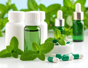 Green herbal medicine bottles and capsules with fresh mint leaves on a white surface