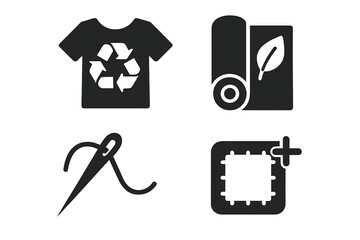Sustainable fashion icons set. Recycled clothing, eco fabric roll with leaf, sewing needle, patch repair. Solid vector symbols for ethical fashion, eco-friendly apparel, zero waste, textile recycling.