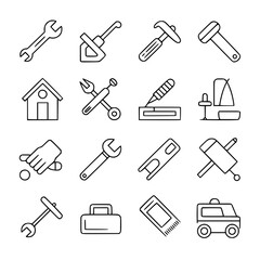 Fototapeta premium Monochrome vector line icon set of home repair tools: wrenches, hammer, screwdriver, saw, level, pliers, clamp, drill, house, toolbox, tape measure, work gloves, nails, screws. Construction, DIY, main