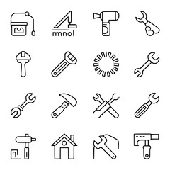 Obraz premium Monochrome vector icon set of 20 home repair tools. Wrenches, hammer, saw, drill, paint bucket, house icon, adjustable wrench, screwdriver. Line art illustration for construction, DIY, and renovation 