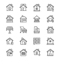 Fototapeta premium Minimalist vector line icon collection of various house types, shopping cart, apartment building, solar panels, and food bank. Simple black and white real estate and property line art graphic set for 